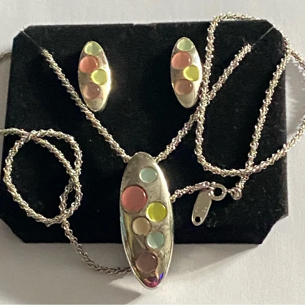 Rare! Vintage Whiting Davis Silver Earrings Pendant & Intricately Woven Chain Se